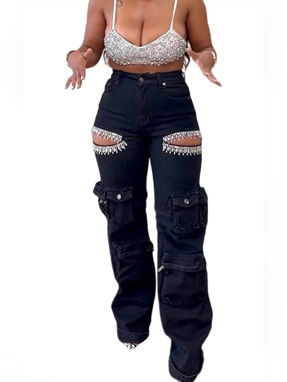 Women’s Black High-Waist Cargo Jeans with Rhinestone Cutouts